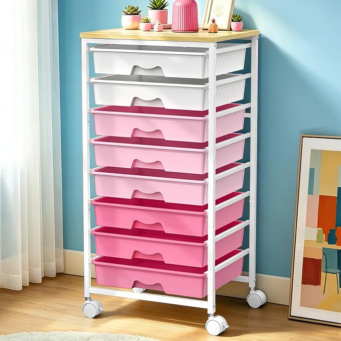 SUNALLY Rolling Storage Utility Cart With 8 Drawers, Storage Drawer Cart with Wooden Tabletop and... | Amazon (US)