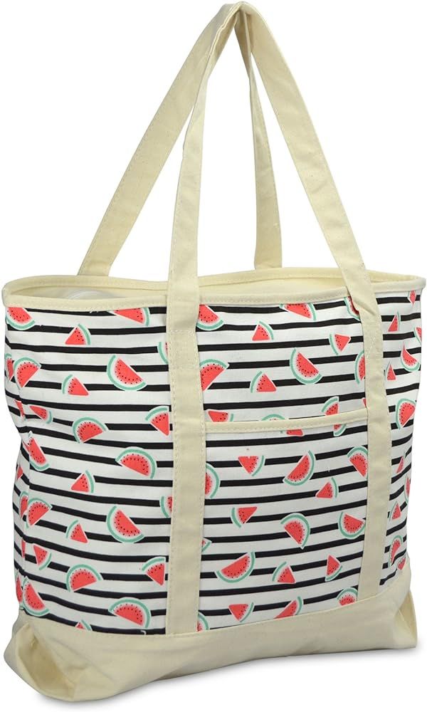 DALIX 22" Shopping Tote Bag Heavy Cotton Canvas (Zippered Top) Black Watermelon | Amazon (US)