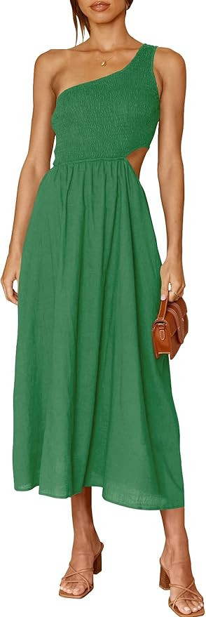 ANRABESS Women's Summer Sleeveless Smocked One Shoulder Cutout Sundress Flowy A-Line Beach Long M... | Amazon (US)