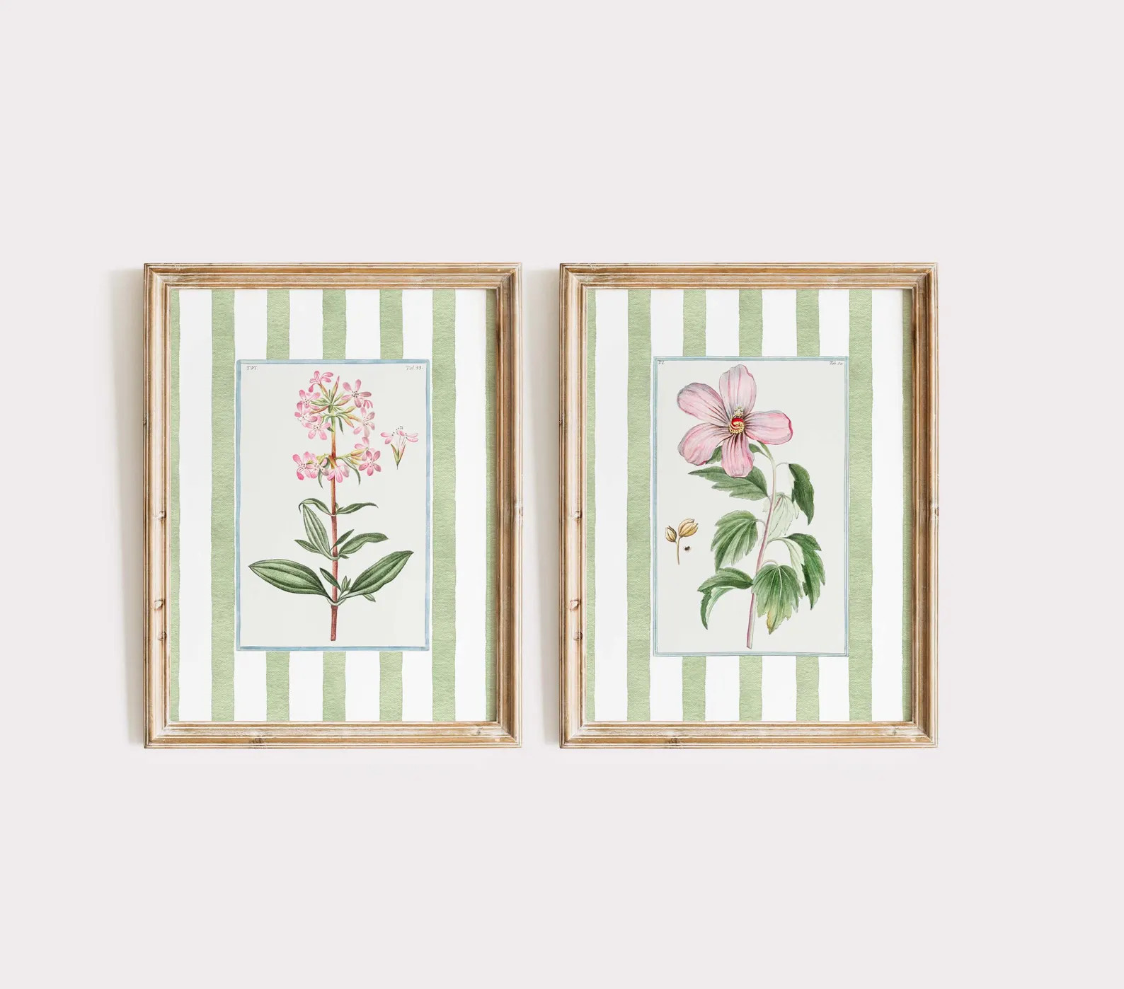 Set of 2 Striped Botanical Wall Art Prints, Grandmillennial Green and Pink Floral Prints, Vintage... | Etsy (US)