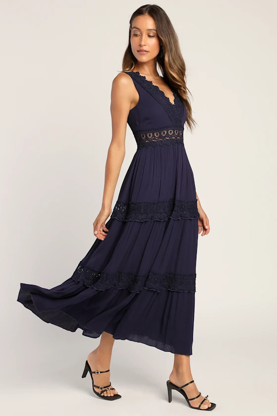 Spanish Sun Navy Sleeveless Tiered Lace Maxi Dress | Lulus (US)