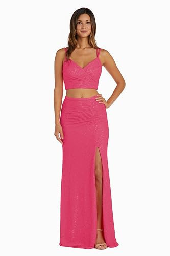 Glam 2-Piece Sequin Crop Top & High Slit Skirt Set W/Lace Up Back - Party & Evening Wear. Neon Pink | Amazon (US)