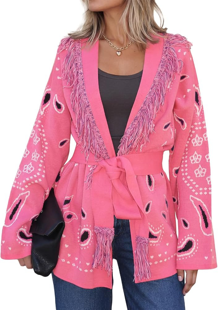 Cicy Bell Womens Fringe Cardigan Printed Long Sleeve V Neck Belt Sweaters | Amazon (US)
