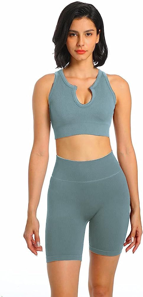 Jetjoy Women's Workout Outfit Set 2 Pcs Seamless Yoga Sports Bra with Leggings Yoga Clothes Set | Amazon (US)
