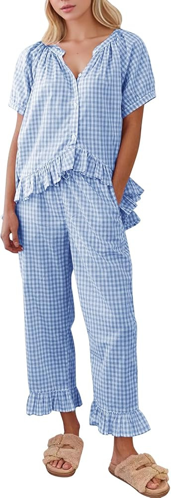 COZYPOIN Womens Gingham Pajama Set 2 Piece Plaid Cotton Pjs Cute Ruffle Sleepwear Maternity Bride... | Amazon (US)