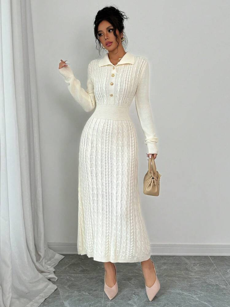 Rafferiza 1pc Women Solid Color Button Decorated Half-Placket Long Sleeve Elegant Sweater Dress, Autumn/Winter | SHEIN