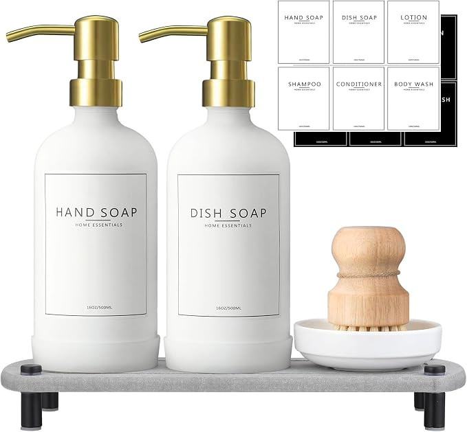 Kitchen Soap Dispenser Set with Instant Dry Tray,16 Oz Hand and Dish Soap White Glass Dispenser S... | Amazon (US)