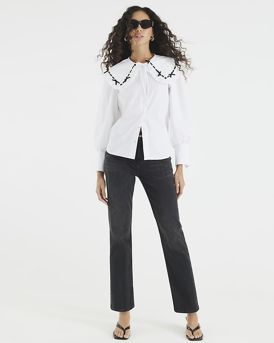White Collared Bow Trim Poplin Shirt | River Island UK & IE