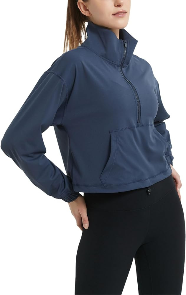 happlan Women's Half Zip Pullover Cropped Jackets Long Sleeve Athletic Running Yoga Workout Shirt... | Amazon (US)