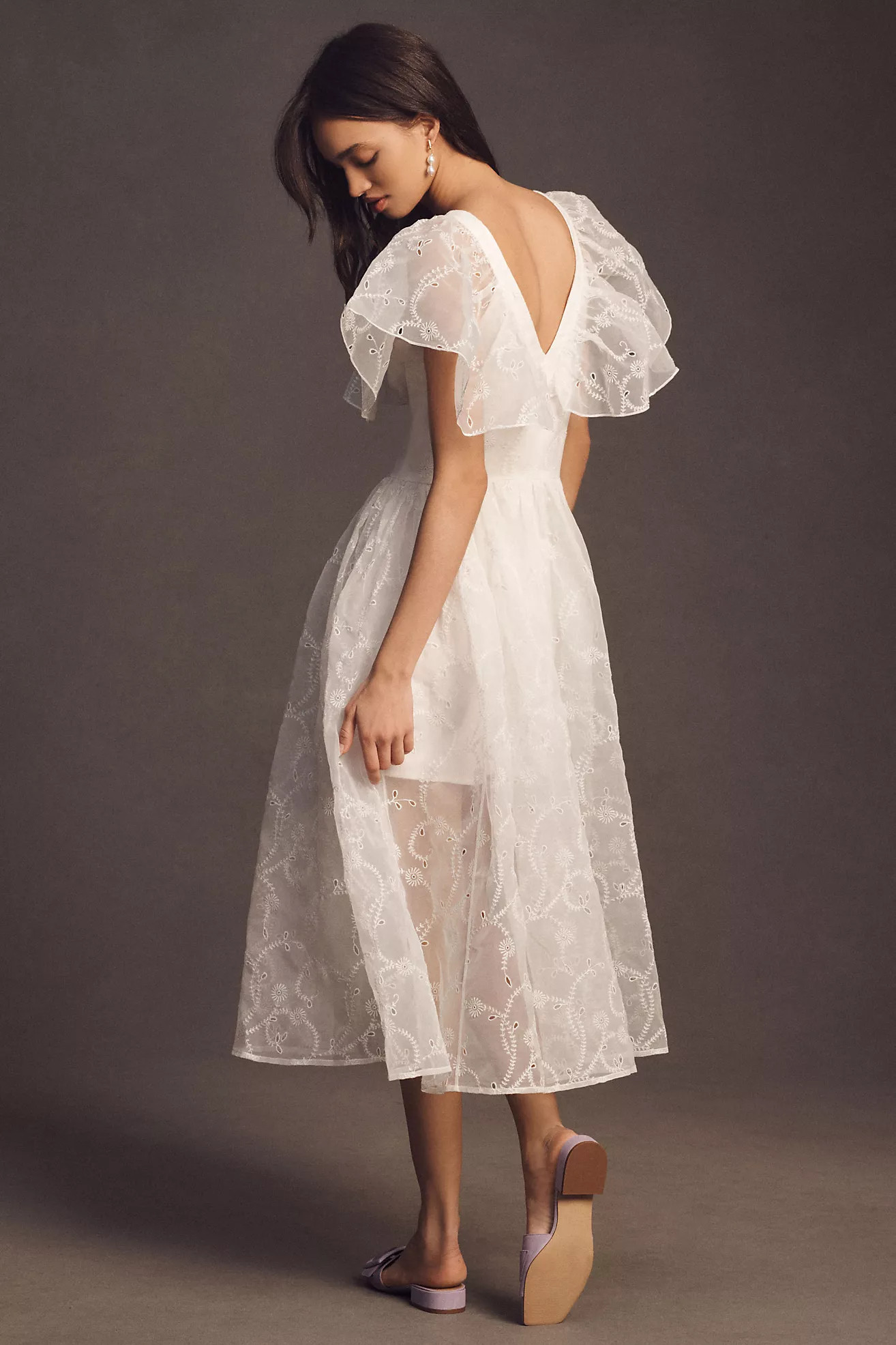 BHLDN Ambre Flutter-Sleeve V-Neck Sheer Midi Dress | Anthropologie (US)