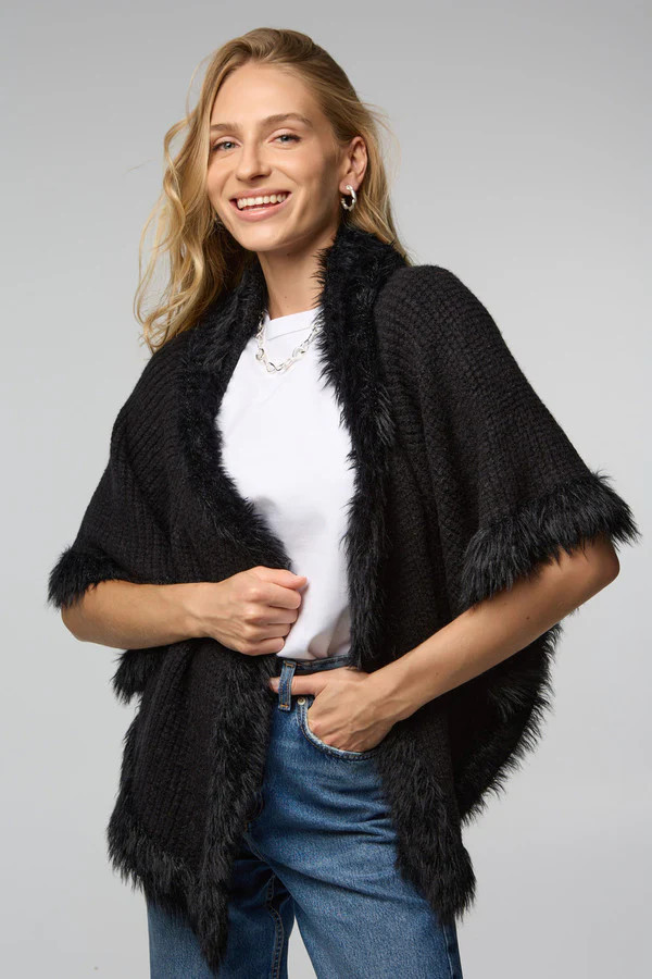 Fur Trim Knit Open Cardigan | Saachi