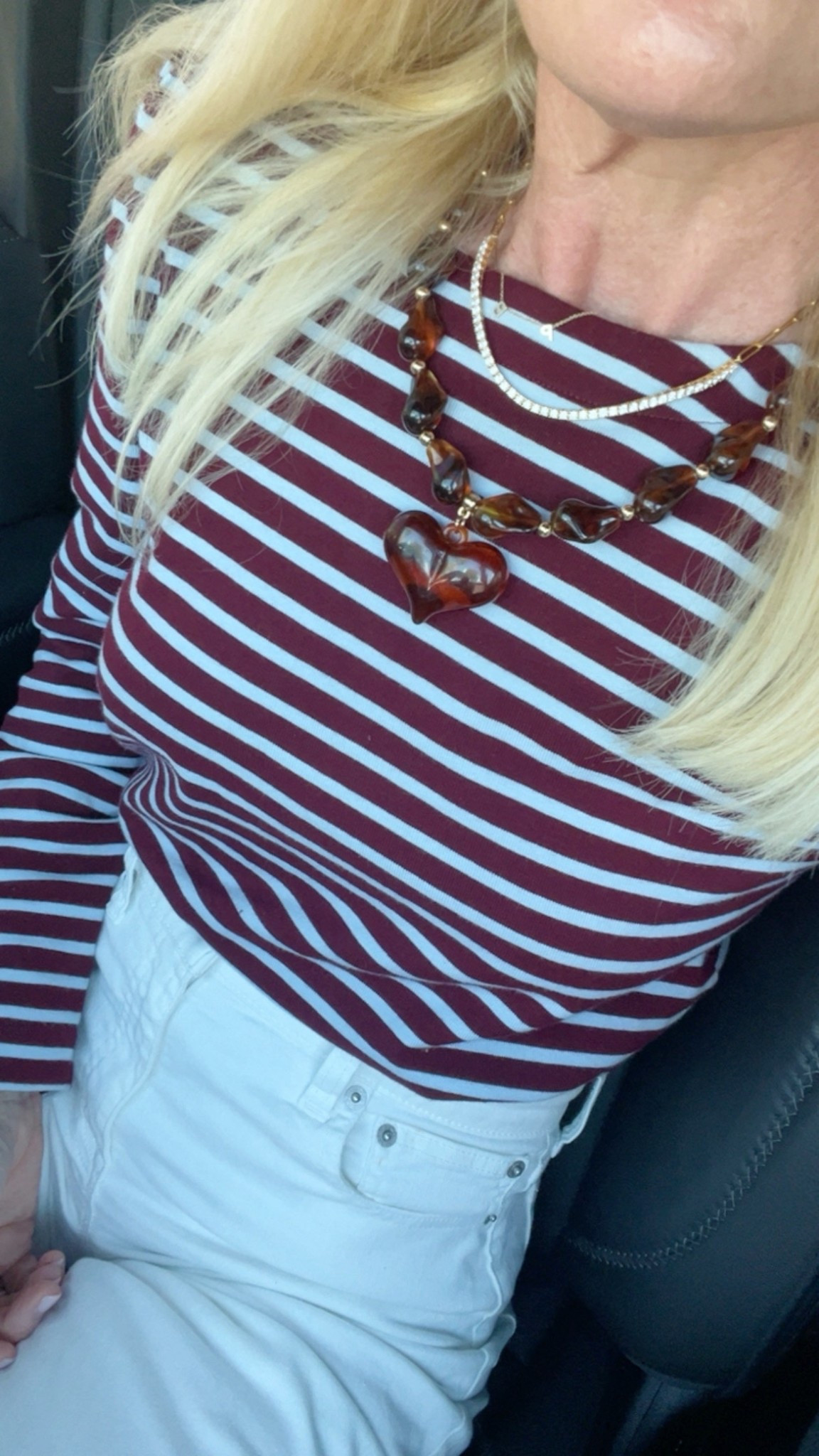 $16 puffy heart necklace I always reach for when I want to jazz up an outfit! And the best $60 white denim - just the right amount of stretch!