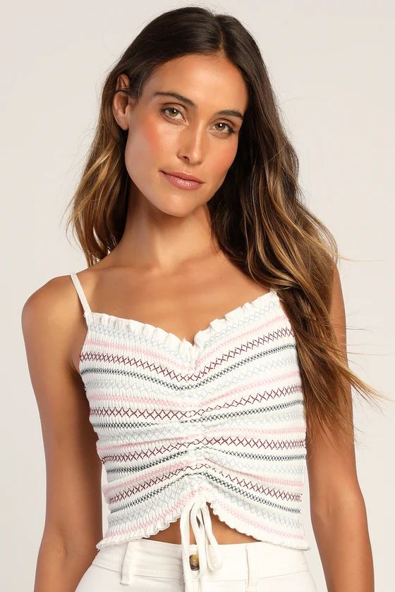 Thread It Up Ivory Smocked Embroidered Ruched Cropped Tank Top | Lulus (US)