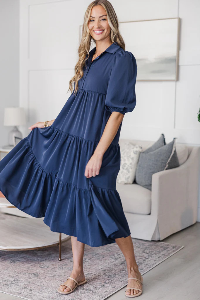 NURSING COLLECTION: Love Found Navy Blue Tiered Midi Dress | The Mint Julep Boutique