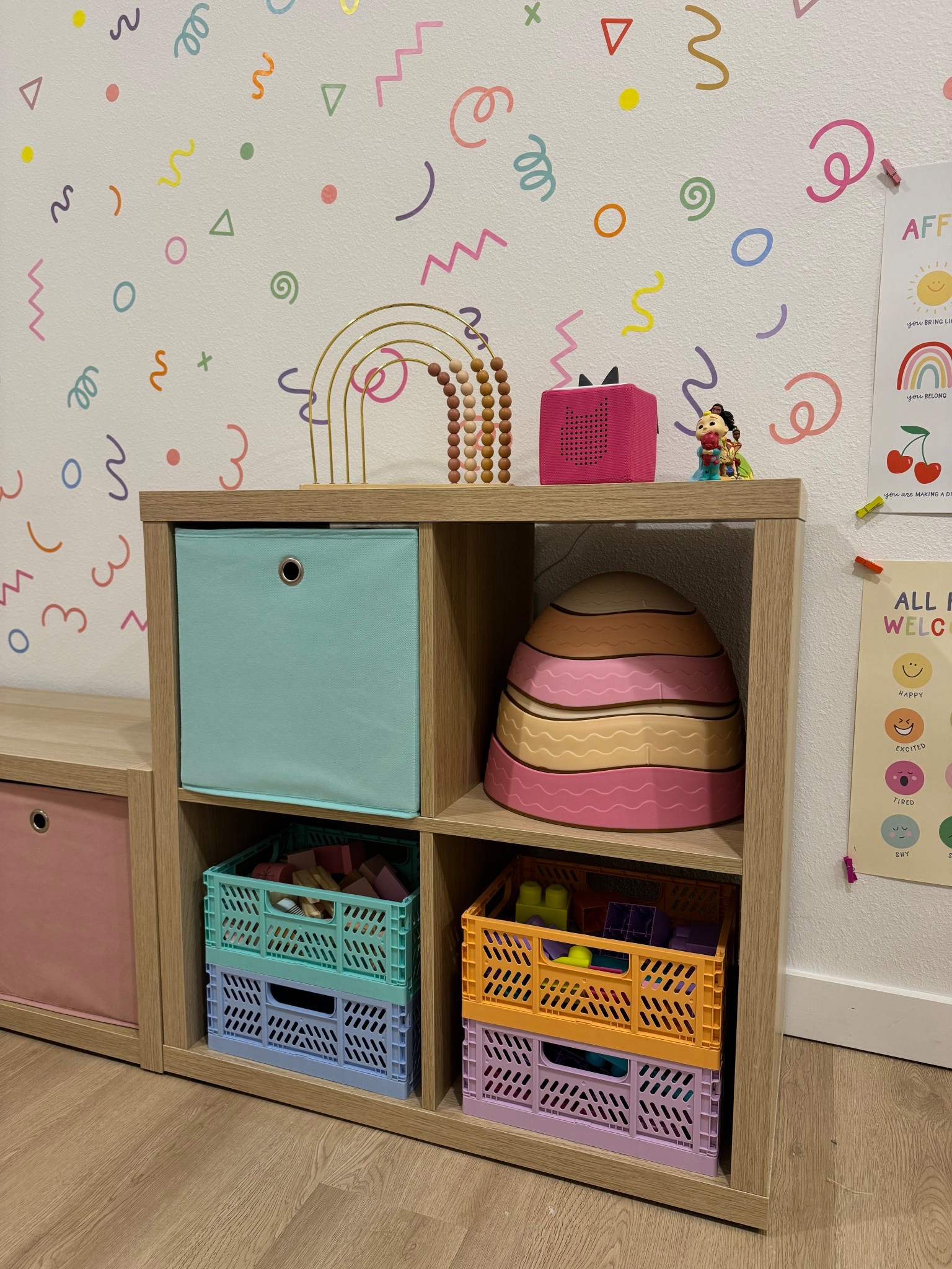 Loose toys are so easy to store with these stackable colorful crates! They fit perfectly in our IKEA storage unit. The playroom is coming together!😍 #LTKKids #Playroom #playroomfinds #toddlerroom