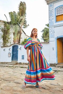 Farm Rio Striped Scarf Puff Sleeve Maxi Dress Size M Rainbow Multicolored NWT | eBay US