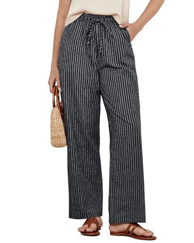 GRAPENT Black Wide Leg Pants for Women Black Linen Wide Leg Pants Women Flowy Stretch Waist Cotton White Stripe Size Small US 4 to 6 | Amazon (US)