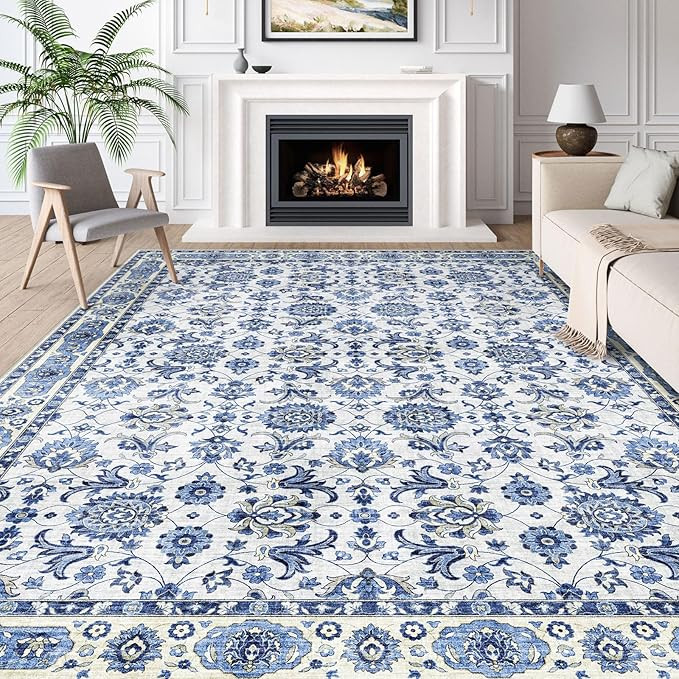 BLISSA Washable Area Rug 8x10 - Large Delft Blue Boho Rugs for Living Room Soft Vintage Oriental ... | Amazon (US)