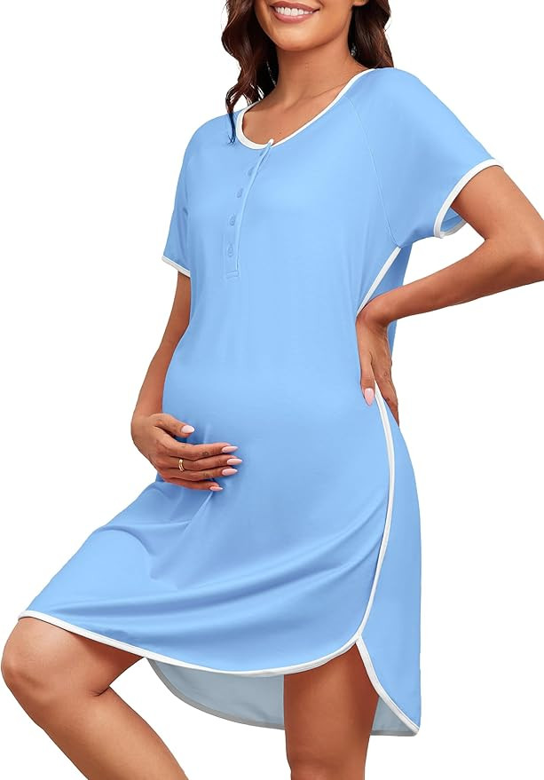 Stripe Maternity Nursing Nightgowns Women Buttons Pregnancy Short Sleeve Nightdress Soft Side Spl... | Amazon (US)