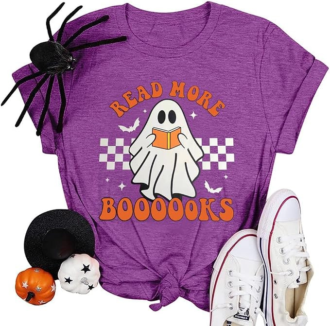 Halloween Teacher Shirts for Women Groovy Read More Books Ghost T-Shirt Short Sleeve Halloween Pa... | Amazon (US)