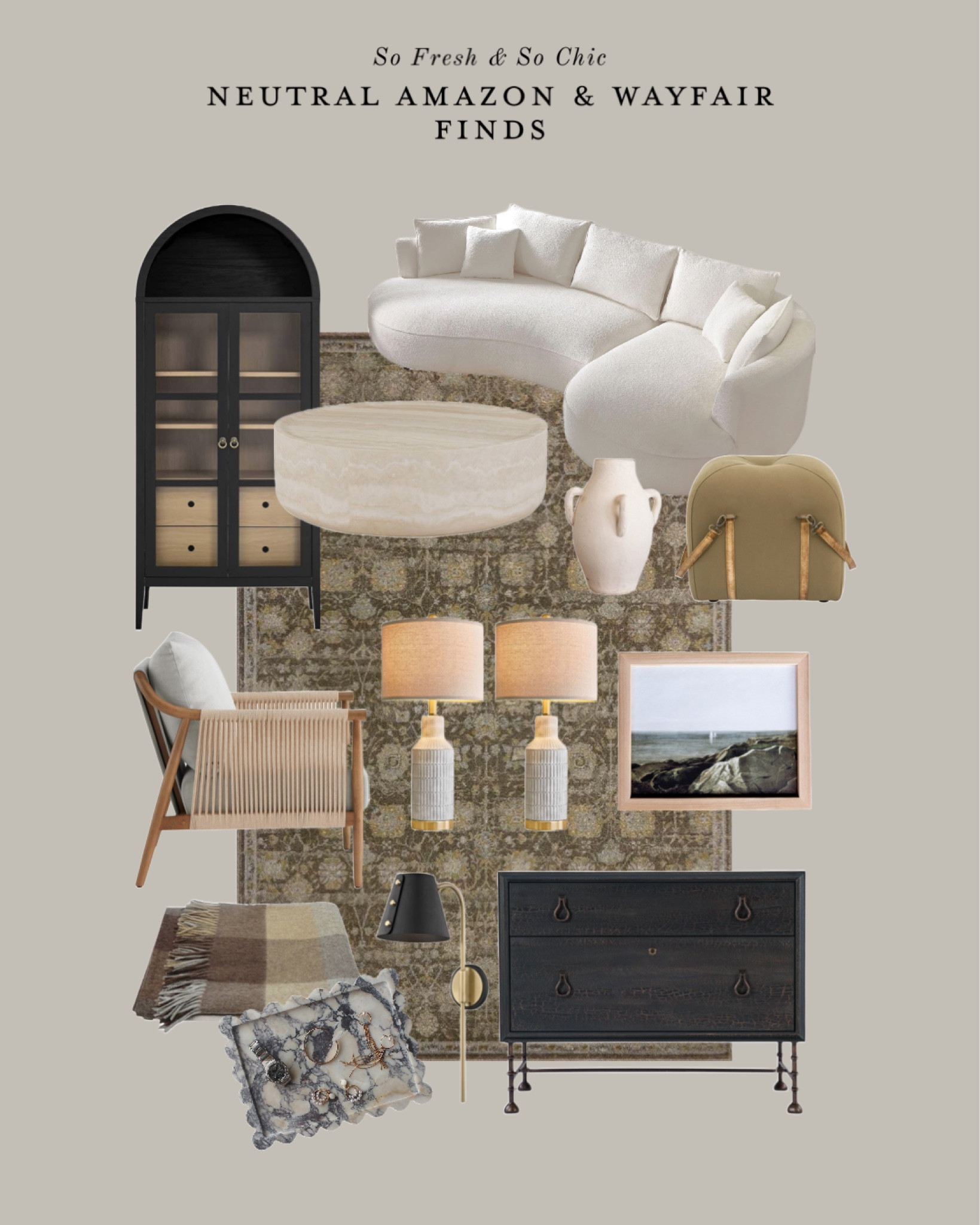 Neutral and affordable Amazon and Wayfair finds! The round marble coffee table has a price drop! 
-
Living room decor - bedroom decor - neutral decor - transitional decor - Amber interiors inspired - round marble coffee table - black arched cabinet glass doors - curved Boucle white cloud sofa - Joanna Gaines Loloi rug - moody decor - black filing cabinet - upholstered ottoman with leather straps - arm chair with woven detail - white vintage vase - cashmere throw blanket - marble scalloped tray - marble trinket dish - landscape art framed - ceramic table lamps - black minimalist wall sconce - white chandelier mid century modern minimalist 

#LTKFindsUnder100 #LTKStyleTip #LTKHome