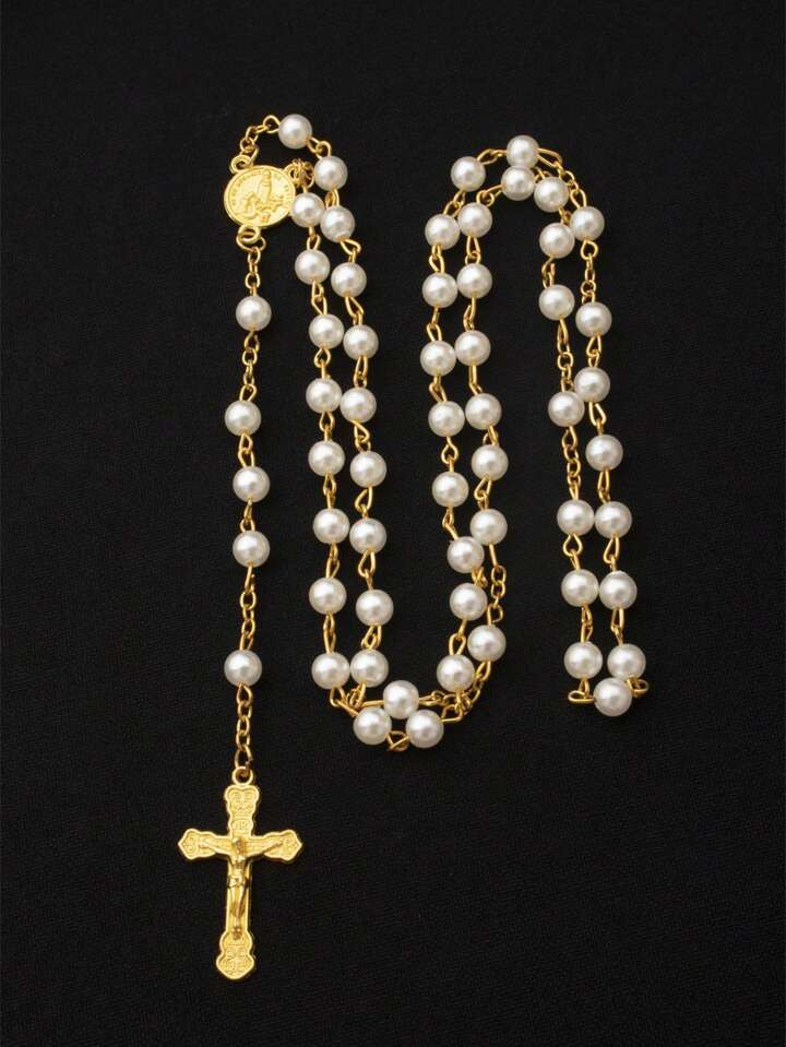 1pc Vintage Simple Wooden Bead Needle Pendant Cross Virgin Mary Necklace, Fashionable And Versati... | SHEIN