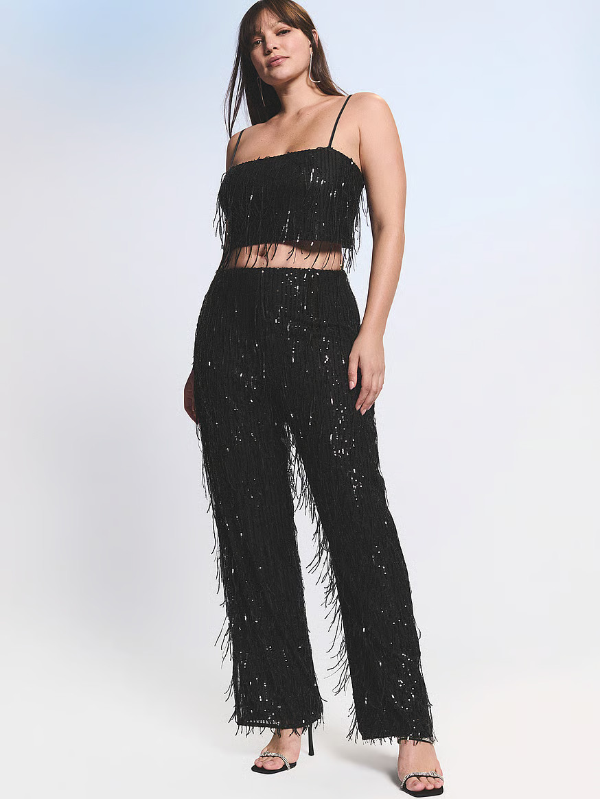 Buy Showgirl Sequin Fringe Crop Top & Pants Set, Black - Order Cami Sets online - Victoria's Secr... | Victoria's Secret (US / CA )