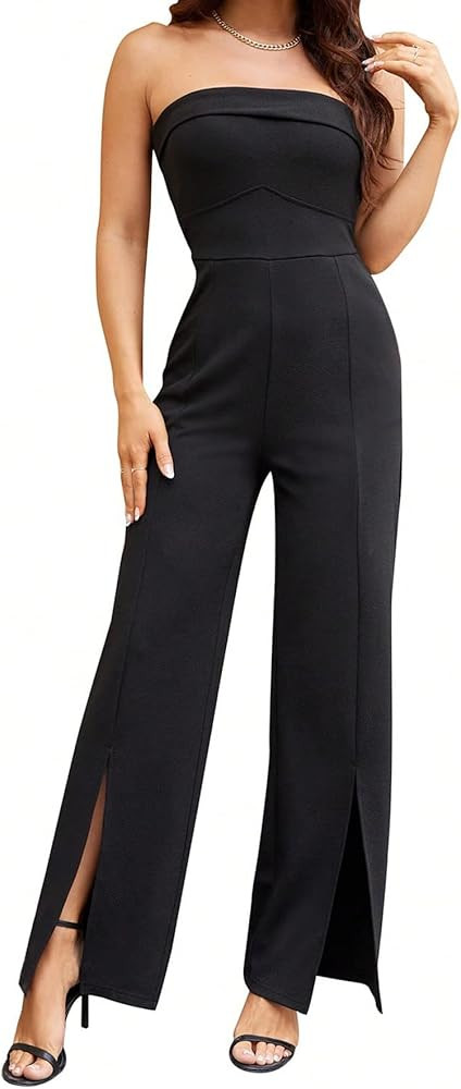 WDIRARA Women's Strapless Wide Leg Split Hem High Waist Sexy Elegant Party Jumpsuit | Amazon (US)