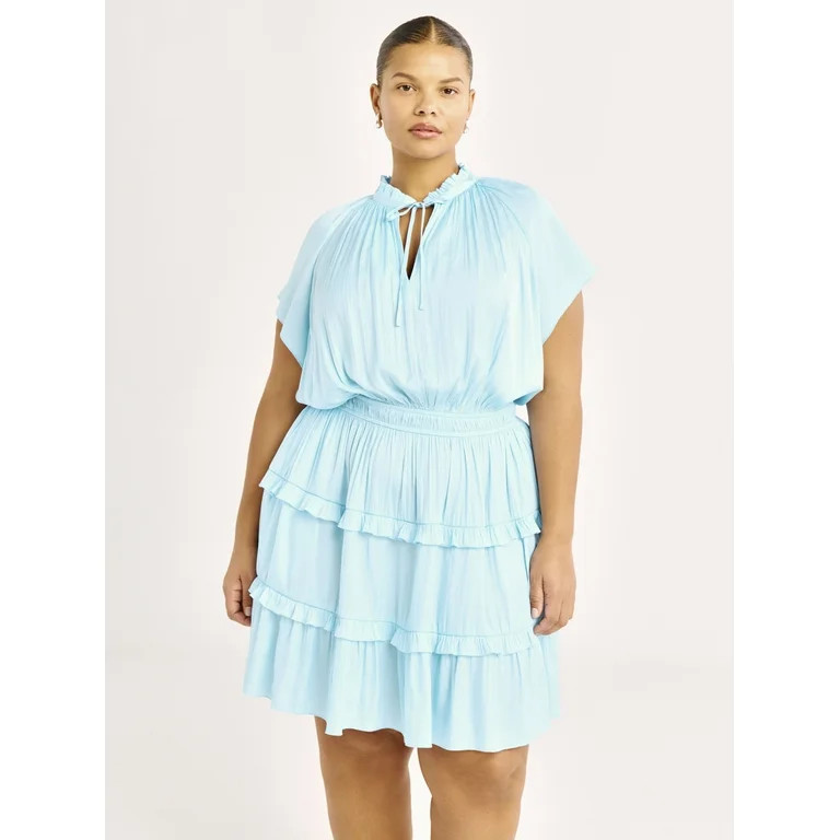 Scoop Women's Satin Mini Ruffle Dress with Cap Sleeves, Sizes XS-4X | Walmart (US)