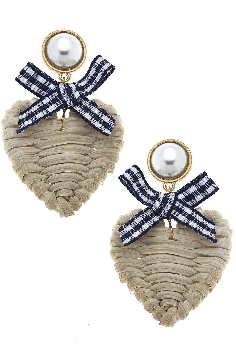 Piper Rattan & Gingham Heart Drop Earrings in Navy | CANVAS