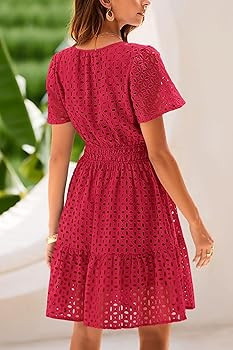 PRETTYGARDEN Womens 2026 Summer Short Dress V Neck Short Sleeve A Line Hollow Out Lace Ruffle Cut... | Amazon (US)