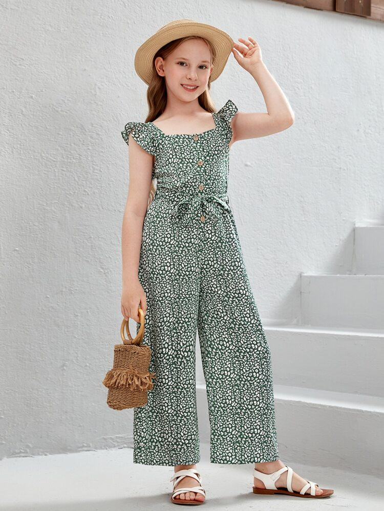 SHEIN Girls Allover Print Ruffle Trim Belted Wide Leg Jumpsuit | SHEIN