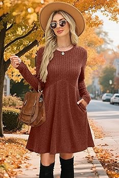 OFEEFAN Long Sleeve Dress for Women Crew Neck Empire Waist Tunic Dress with Pockets | Amazon (US)