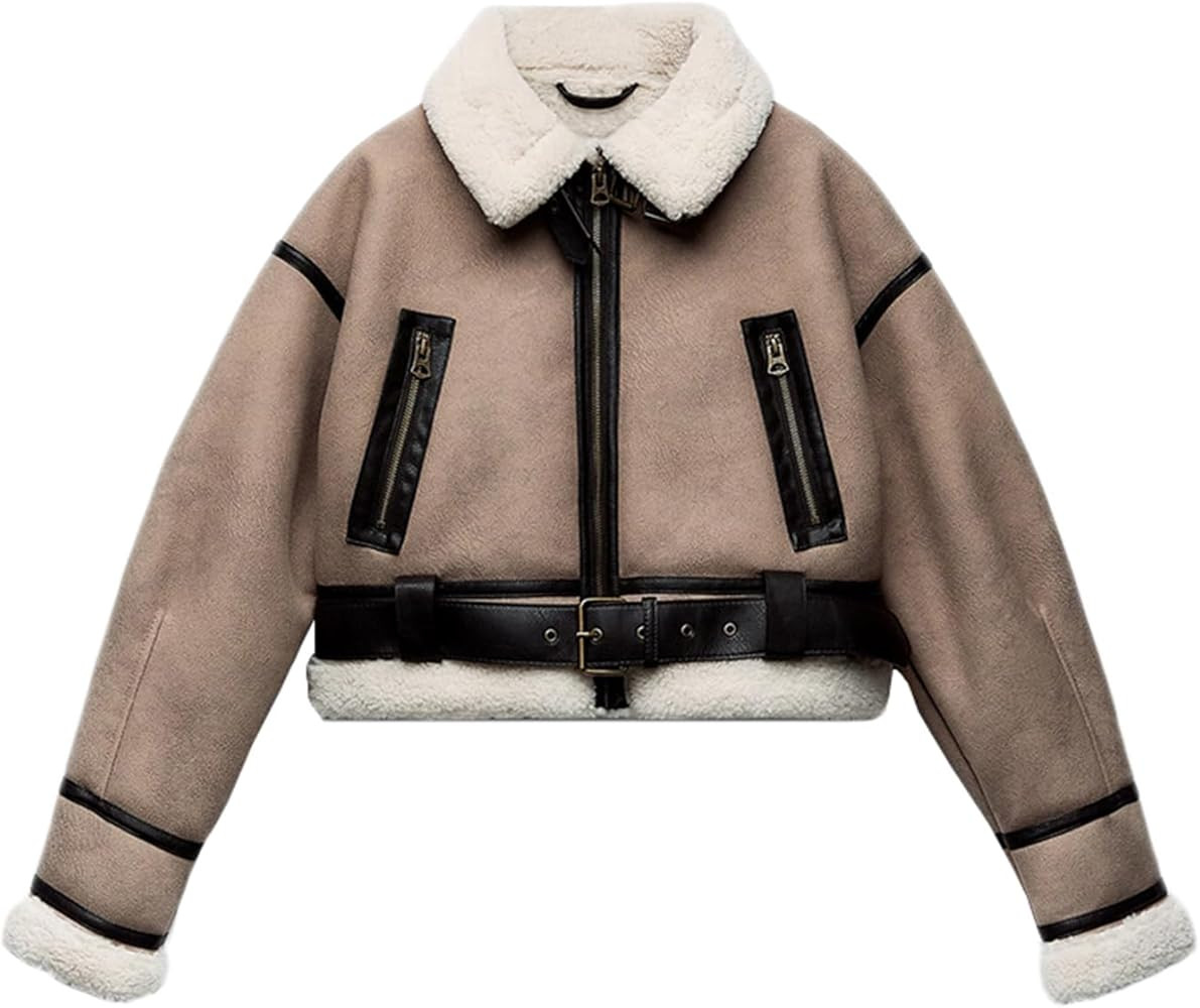 LY VAREY LIN Winter Women Faux Lamb Fur Leather Short Jacket Lapel Zipper Bomber Aviator Coat | Amazon (US)