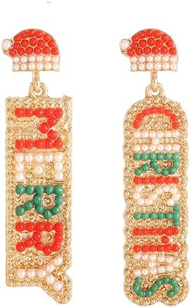 Merry Christmas Earrings Xmas Beaded Dangle Earrings Fun Christmas Holiday Earrings for Women Gir... | Amazon (US)
