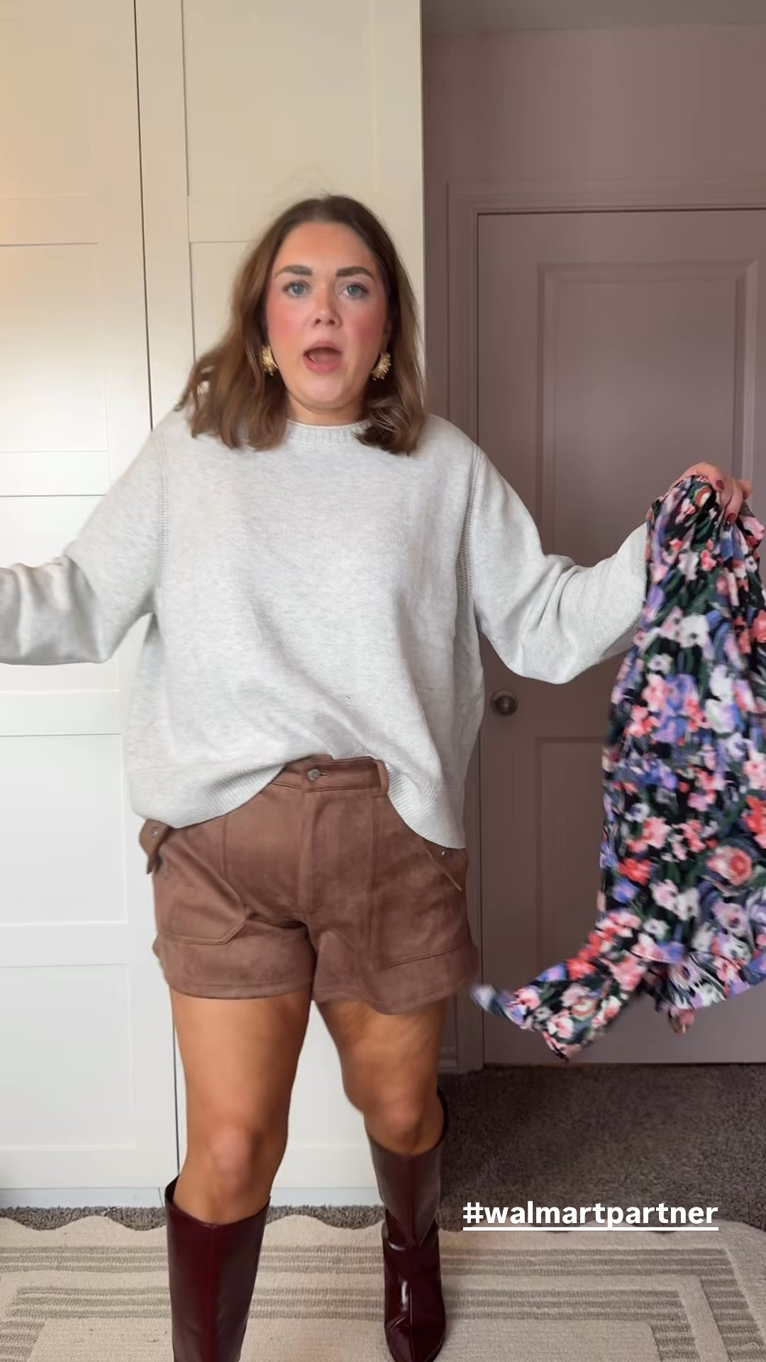 Fall suede shorts outfit wearing 15 in shorts but they run big. Sized up to xxxl in sweater and size large in floral top! #walmartpartner #walmartstyle @Walmart

#LTKMidsize #LTKootd #LTKSeasonal