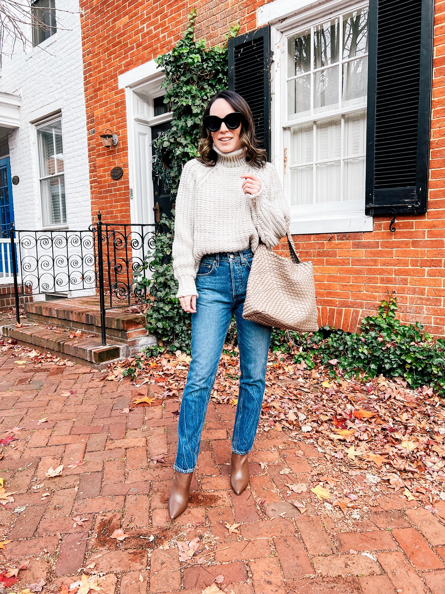 Cozy neutral sweater, straight leg jeans, neutral handbag 

#LTKover40