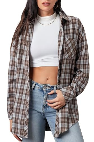 CHYRII Womens Button Down Flannel Shirts Long Sleeve Plaid Shacket Business Casual Blouse Tops 7157-Grey+Coffee S | Amazon (US)