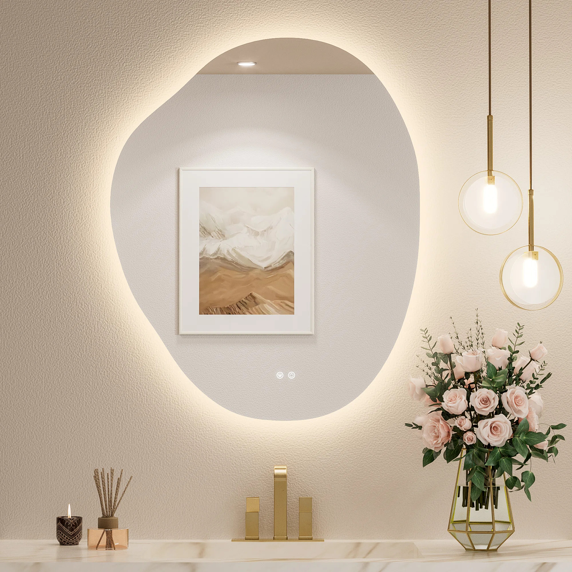 Irregular Backlit Mirror Asymmetrical Framelss Bathroom Mirror with Light,Dimmable,Anti-Fog，Sha... | Wayfair North America