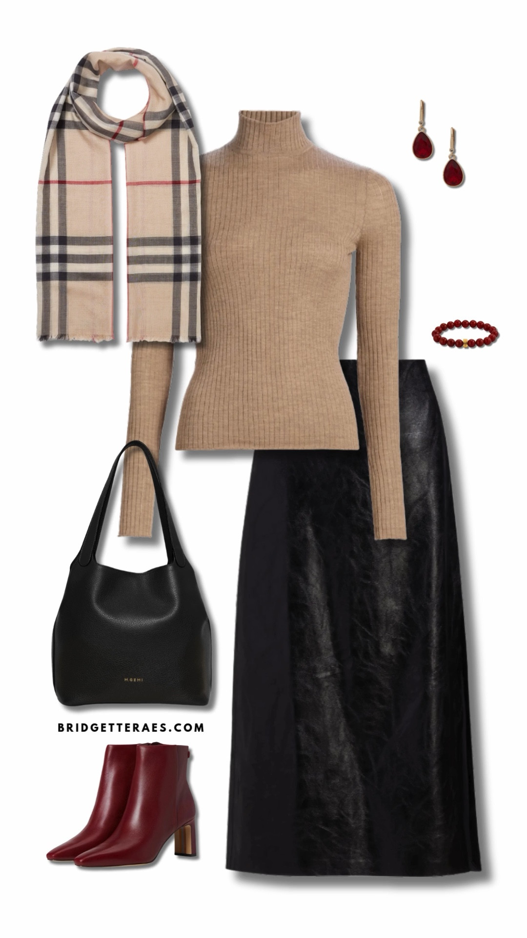 The cozy ribbed turtleneck in camel offers a sleek, figure-skimming silhouette and pairs beautifully with the luxurious texture of a black midi-length faux-leather skirt. The classic Burberry plaid scarf brings structure and a touch of preppy polish, while the deep red accessories—a bold boot, statement earrings, and beaded bracelet—inject seasonal richness and contrast. A structured black M.Gemi bag grounds the ensemble creates a timeless palette in this sophisticated winter look that balances warmth and elegance. 

#LTKHoliday #LTKWorkwear #LTKootd