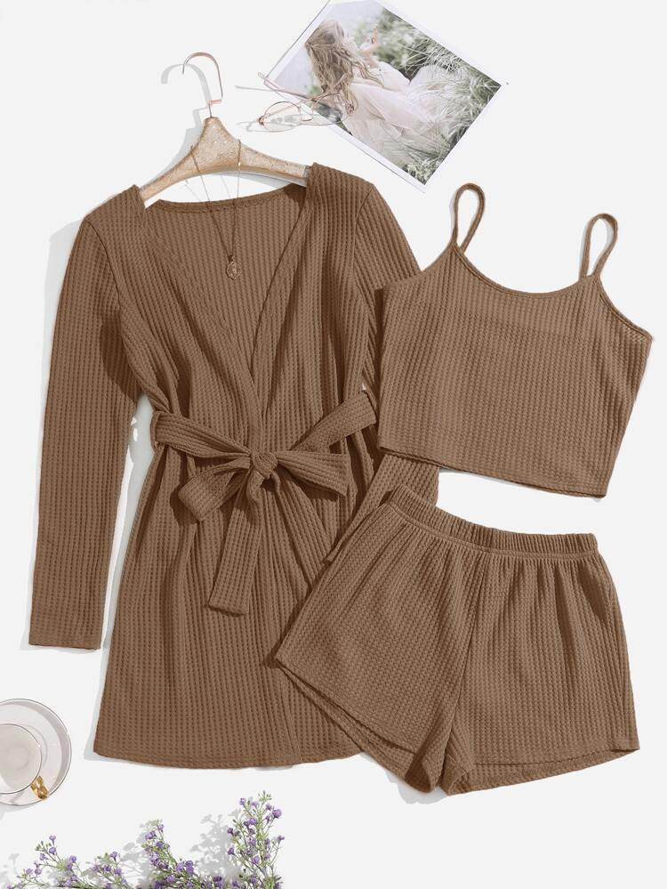 3pcs Waffle Knit Belted Lounge Set | SHEIN