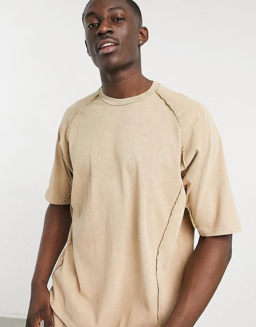 ASOS DESIGN oversized t-shirt co-ord with half sleeve in beige heavyweight acid wash-Brown | ASOS (Global)