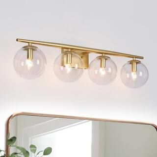 30 in. 4-Light Light Gold Vanity Light with Globe Clear Glass Shades, Mid-Century Modern Bathroom... | The Home Depot