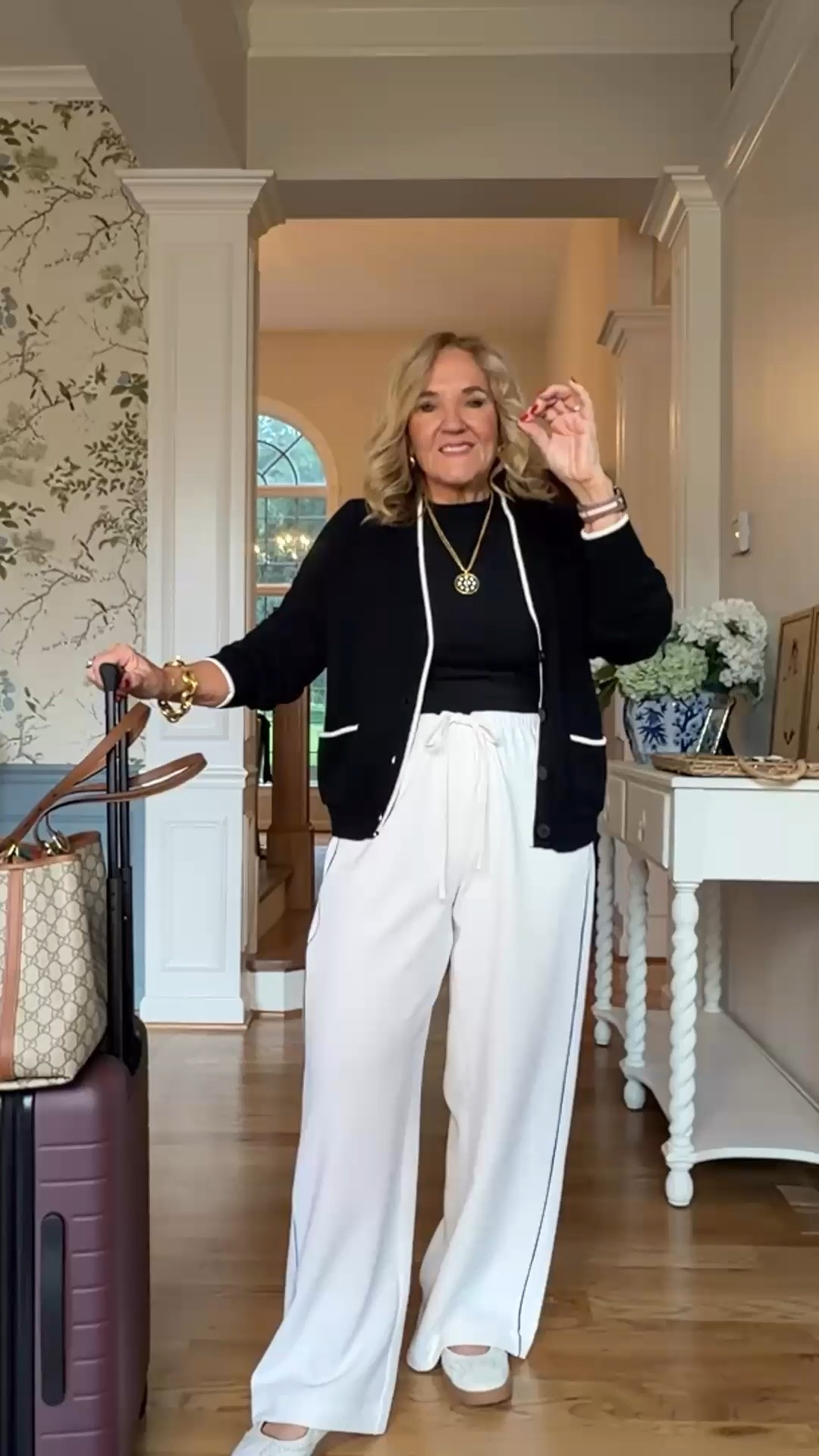 Tap the bell 🔔, heart ❤️ this post, and save for later!

This is one of those effortless combinations you'll keep reaching for. This flowy wide-leg pants create an elegant silhouette that feels relaxed without looking oversized.

Fit note: I'm wearing medium regular, true-to-size fit, and it has a relaxed, wide-leg silhouette with a flattering drape that moves beautifully.

Style it with sneakers for travel days, loafers for errands or lunch, or dress it up with heels and layered jewelry for dinner or a casual event.

It's the perfect outfit for travel, brunch, shopping, casual office days, or anytime you want to look effortlessly put together without giving up comfort.

#LTKootd #LTKdayinmylife #LTKOver40