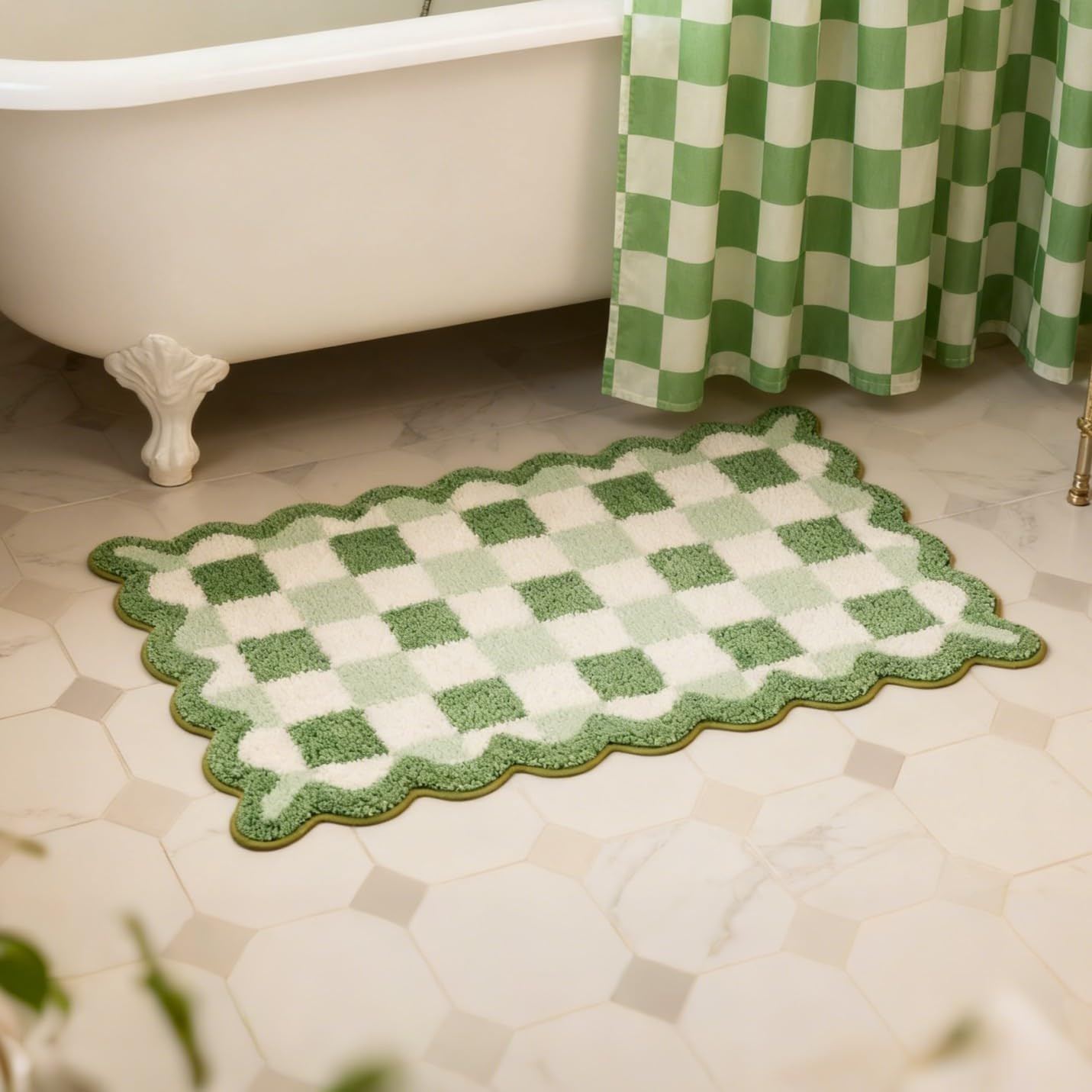 ORTIGIA Cute Green Checkered Scalloped Bath Mat, Fun Plush Microfiber Bathroom Rugs Non Slip Wash... | Amazon (US)