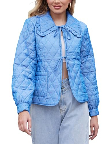 Wyeysyt Womens Lightweight Quilted Jackets Bow Tie Front Long Sleeve Winter Cropped Cotton Padded Coats with Pockets(Blue-S) | Amazon (US)