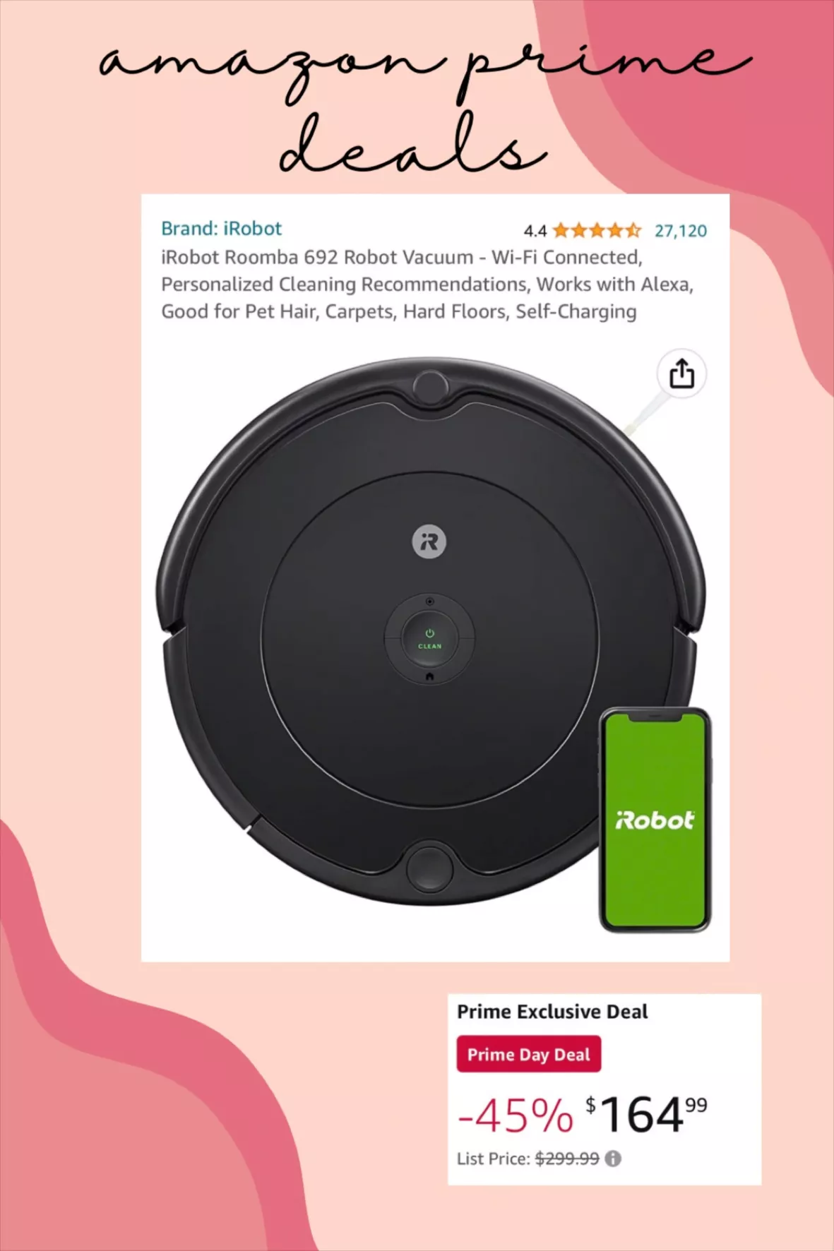  iRobot Roomba 692 Robot Vacuum - Wi-Fi Connectivity,  Personalized Cleaning Recommendations, Works with Alexa, Good for Pet Hair,  Carpets, Hard Floors, Self-Charging