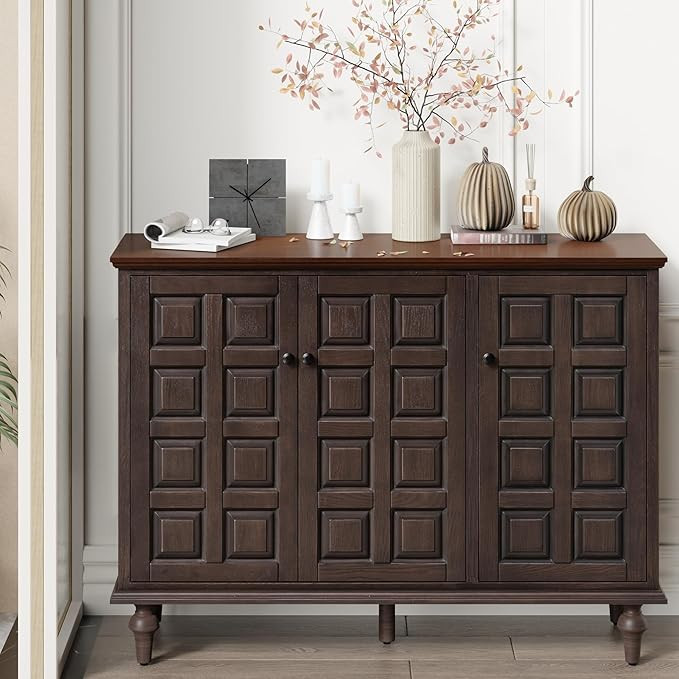 Aoikax Retro 3 Door Storage Cabinet with Plaid Pattern Front, Rustic Side Table for Bedroom, Livi... | Amazon (US)