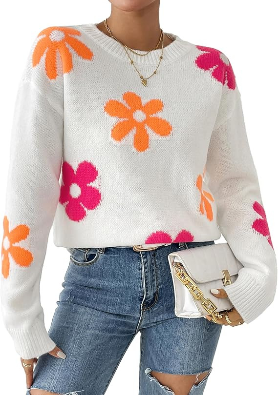 Women's Cute Flower Sweaters Fall 2024 Casual Lightweight Ribbed Knit Crewneck Long Sleeve Pullov... | Amazon (US)