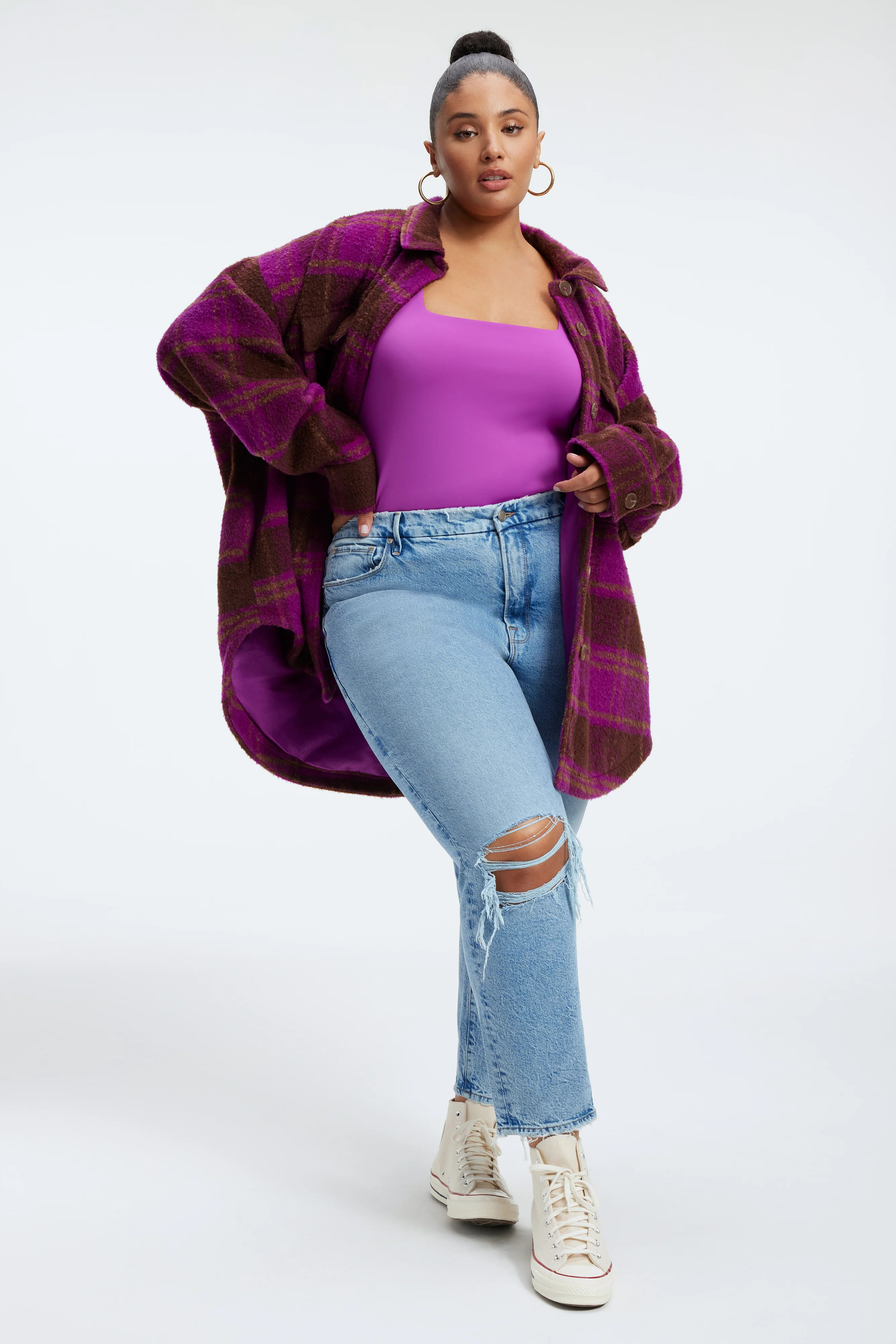 BRUSHED BOYFRIEND SHACKET  | POWER PURPLE LARGE PLAID | Good American